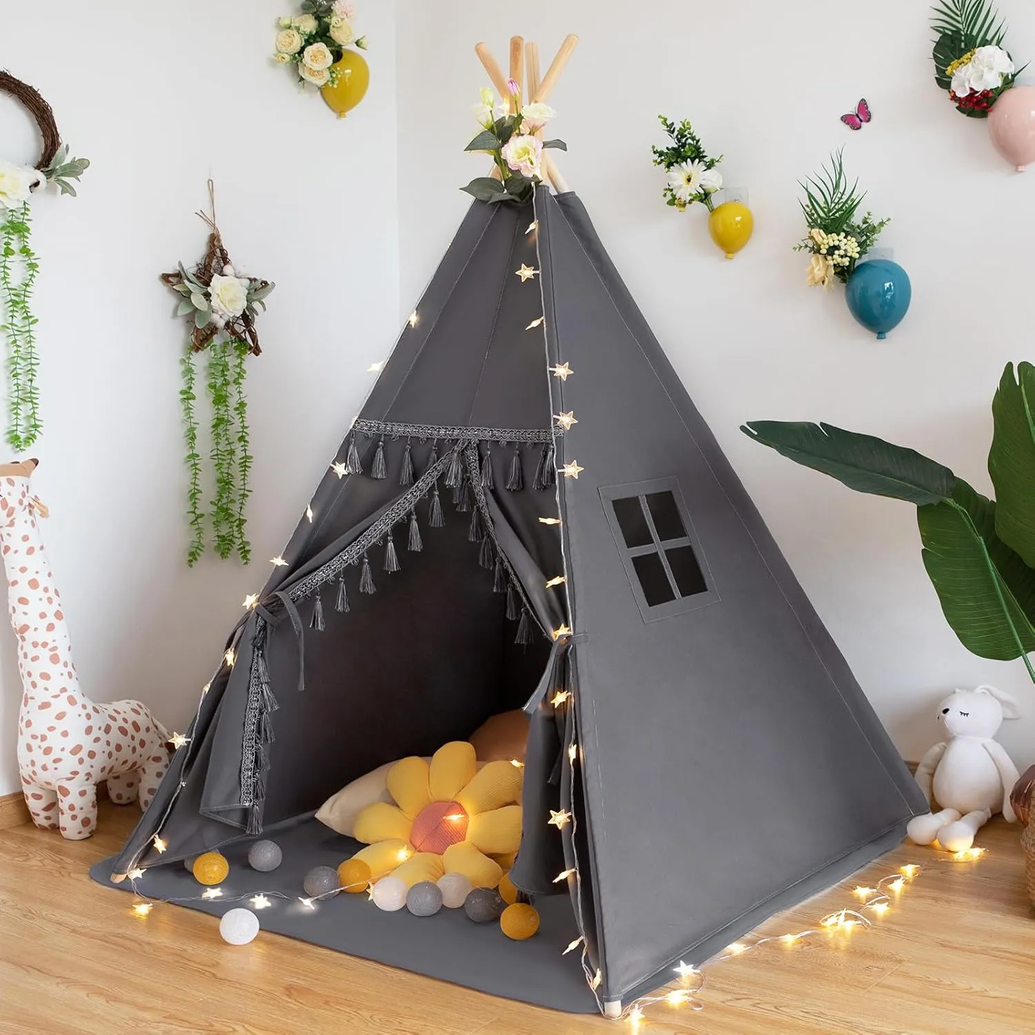 Kids Teepee Tent with Padded Mat, Lights, and Carry Bag,Natural Cotton Canvas Washable Playhouse for Indoor Use,Ideal Play Tent for Girls and Boys