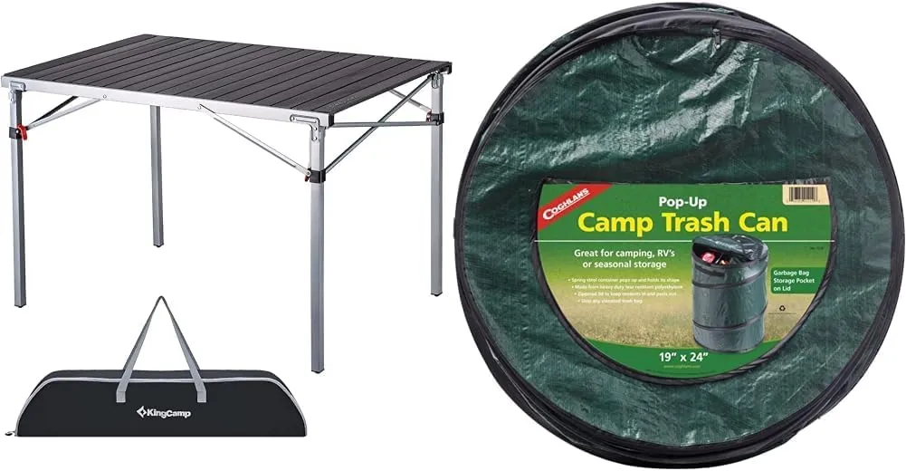 KingCamp 42" Aluminum Folding Picnic Camping Table and Coghlan's 19" Pop-Up Trash Can