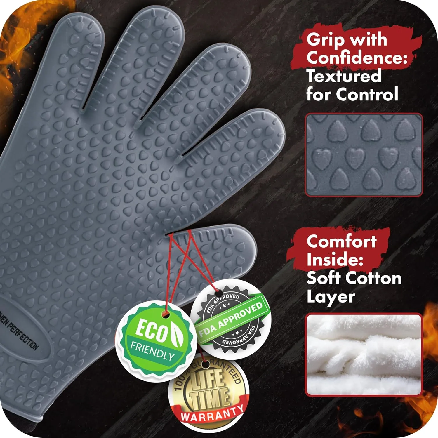 KITCHEN PERFECTION Silicone Smoker Oven Gloves For Women -Extreme Heat Resistant BBQ Gloves -Handle Hot Food Right on Your Smoker Grill Fryer|Waterproof Oven Mitts Grill Gloves |Superior Set 3 Bonuses