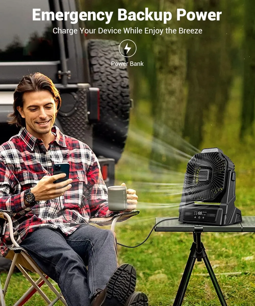 KopBeau Portable Camping Fan with Lights, 20000mAh Rechargeable Battery Operated Fan, Battery Powered Outdoor Beach Tent with 3 Speeds & Hook, Personal USB Table for Camping Accessories Black