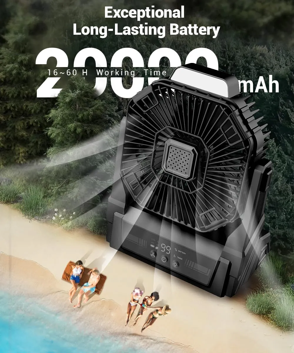 KopBeau Portable Camping Fan with Lights, 20000mAh Rechargeable Battery Operated Fan, Battery Powered Outdoor Beach Tent with 3 Speeds & Hook, Personal USB Table for Camping Accessories Black