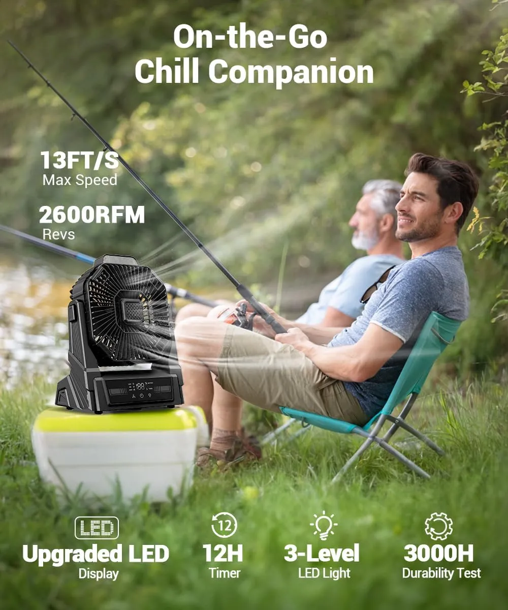 KopBeau Portable Camping Fan with Lights, 20000mAh Rechargeable Battery Operated Fan, Battery Powered Outdoor Beach Tent with 3 Speeds & Hook, Personal USB Table for Camping Accessories Black