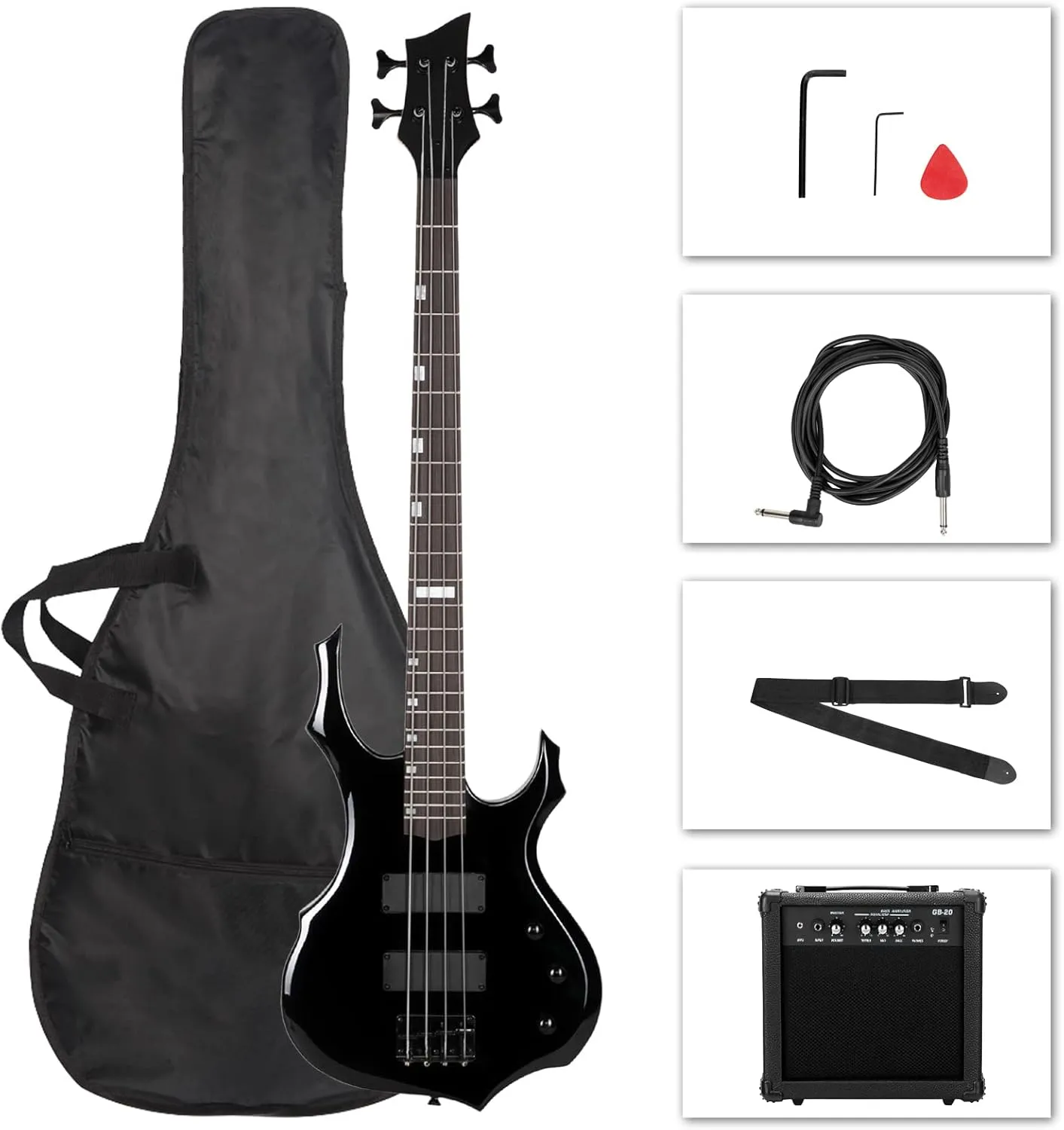 Ktaxon Electric Bass Guitar Full Size Flame Design Bass Set with 20 Watt Amplifier, Portable Bass Bag, Superior Amp Wire, Adjustable Guitar Strap, Plectrum, Wrench Tool(Black)