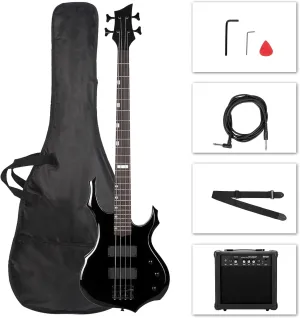 Ktaxon Electric Bass Guitar Full Size Flame Design Bass Set with 20 Watt Amplifier, Portable Bass Bag, Superior Amp Wire, Adjustable Guitar Strap, Plectrum, Wrench Tool(Black)