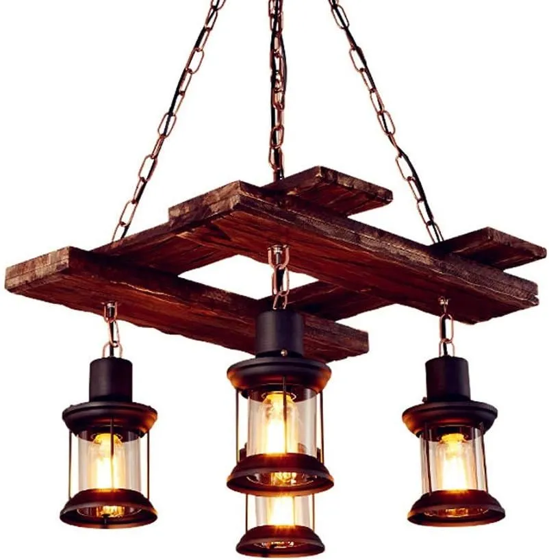 Lamp Industrial Loft Vintage Wooden Hanging Light Restaurant Village Suspension Kerosene Lantern 4-Lights Antique Loft Edison Vintage Retro Light Fixtures for Kitchen Coffee STO