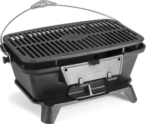 Large Hibachi Grill Outdoor, Portable Charcoal Grill and Tabletop Cast Iron Skillet, 100% Cast Iron, Durable, Camping Grill Grate 16.5" x 10.2" - Coal Door, Draft door