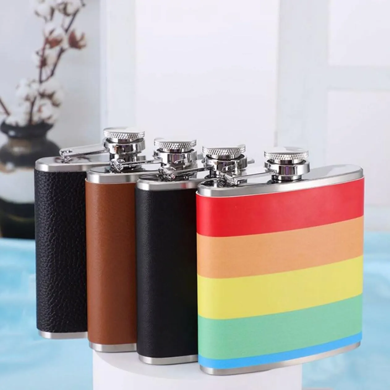 Leather Travel Small Flasks Stainless Steel Flasks with Funnel Wedding Party Birthdays Portable Flasks for Liquor for Men Women 8Oz(Red)