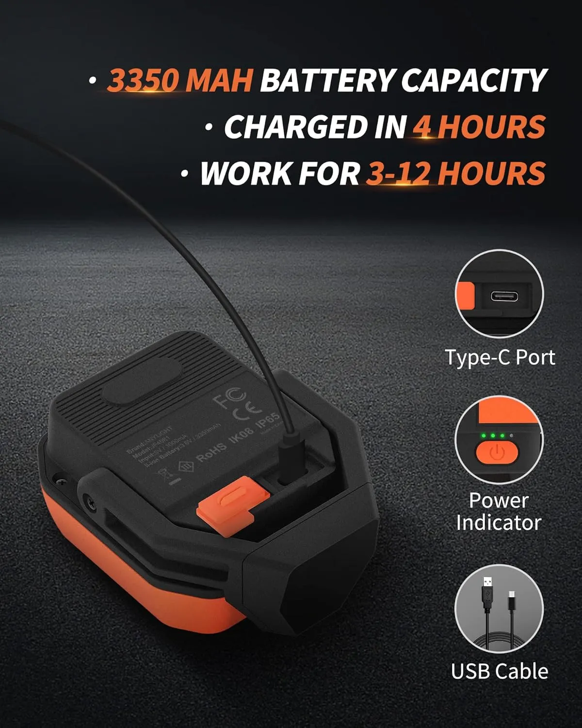 Led Work Light with 4 Modes,1200LM Portable COB Magnetic Light,3350mAh Recharge Spotlight and Floodlight,150° Rotate IP65 Waterproof for Car Repair, Camping, Grill (1 Pack Without Hook)