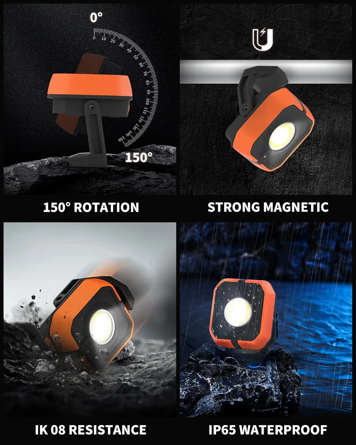 Led Work Light with 4 Modes,1200LM Portable COB Magnetic Light,3350mAh Recharge Spotlight and Floodlight,150° Rotate IP65 Waterproof for Car Repair, Camping, Grill (1 Pack Without Hook)