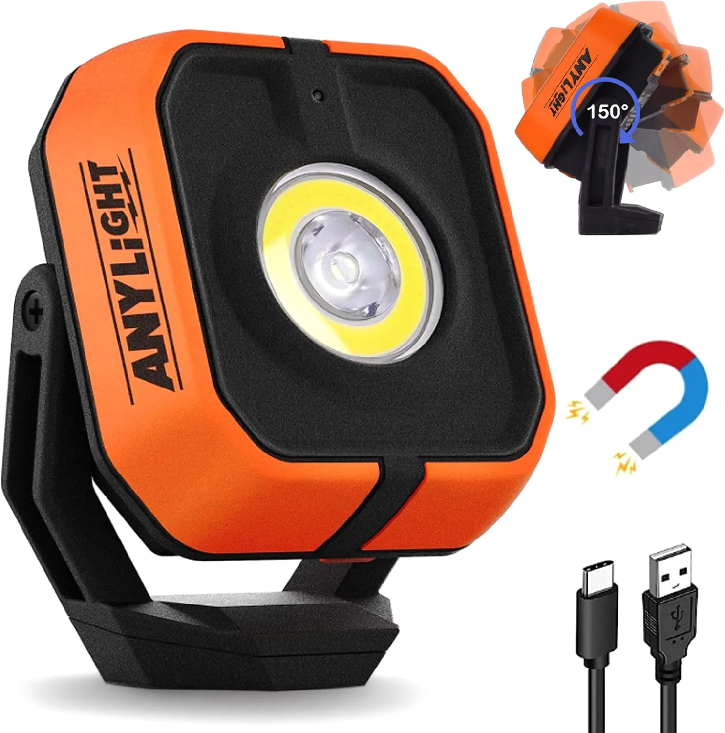 Led Work Light with 4 Modes,1200LM Portable COB Magnetic Light,3350mAh Recharge Spotlight and Floodlight,150° Rotate IP65 Waterproof for Car Repair, Camping, Grill (1 Pack Without Hook)