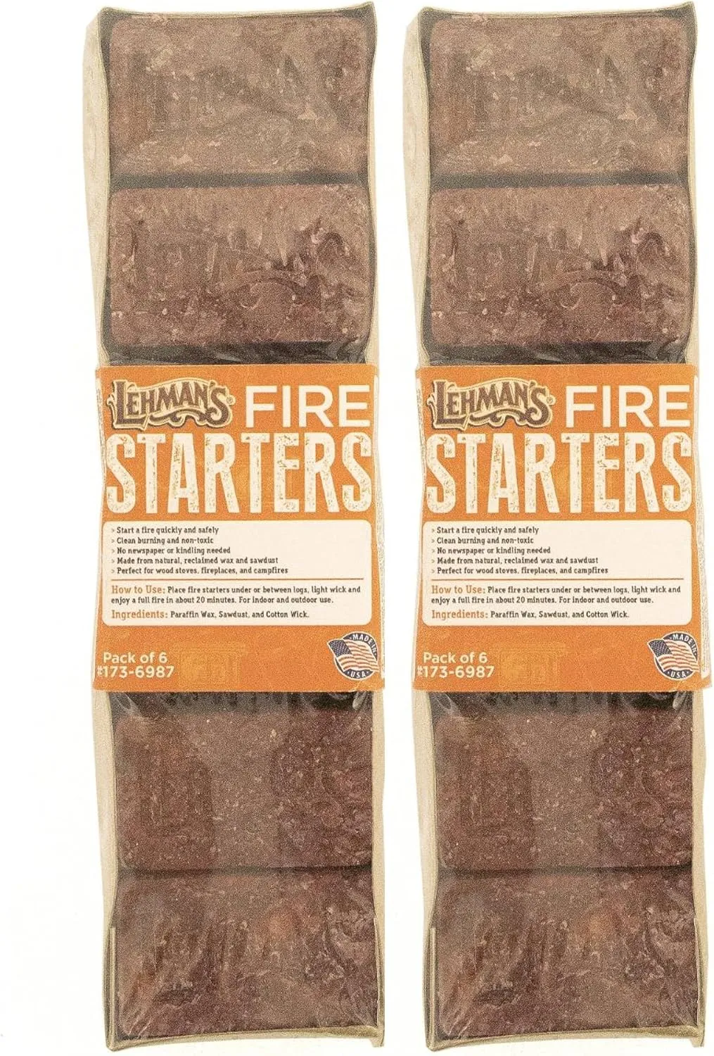 Lehman's Fire Starters, Non-Toxic Indoor/Outdoor Solid Firelighter with Safe Easy and Quick Light Wick, 12 Count (Two 6 Packs)