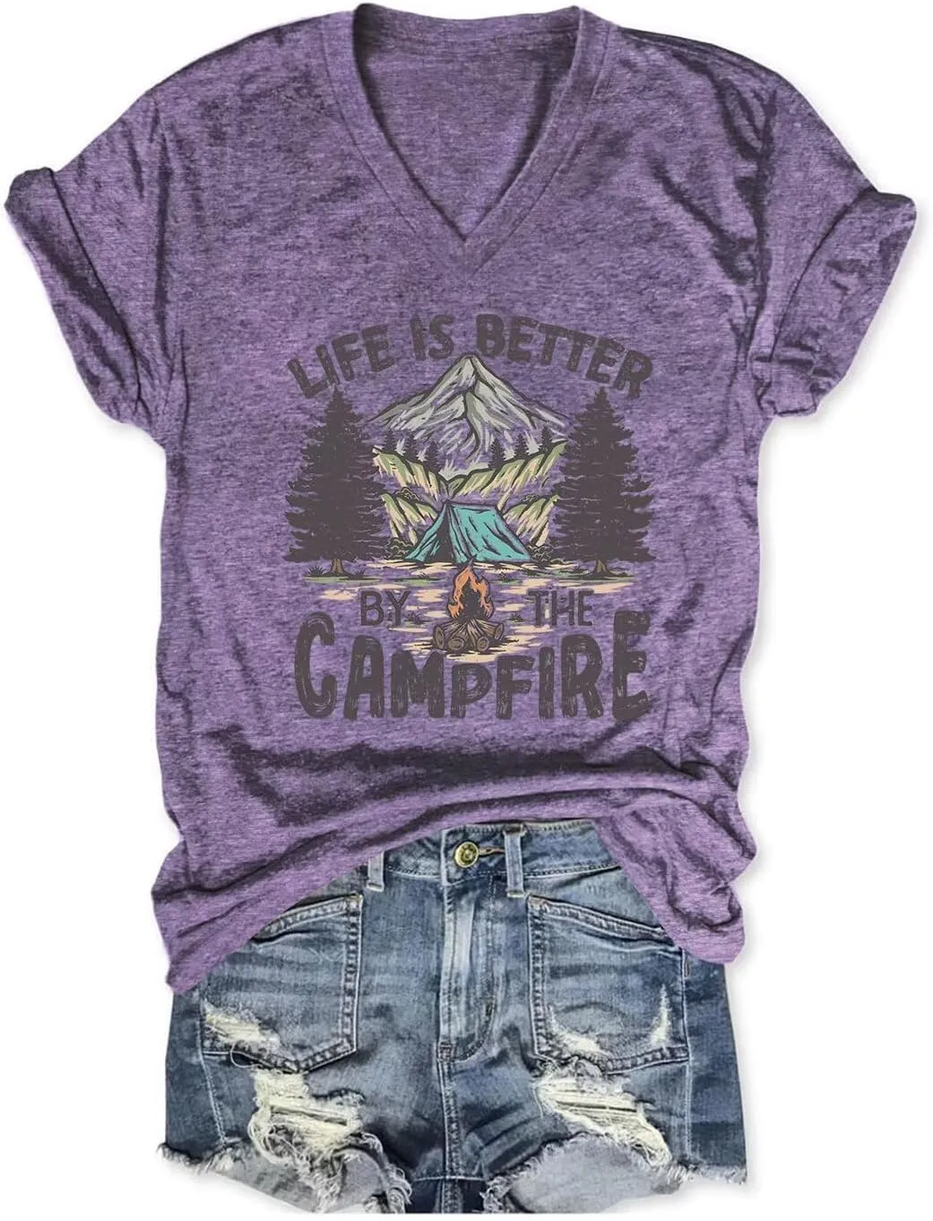 Life is Better by The Campfire V Neck T-Shirt Women Funny Camper Camp Shirt Tent Graphic V Neck Tee Casual Top