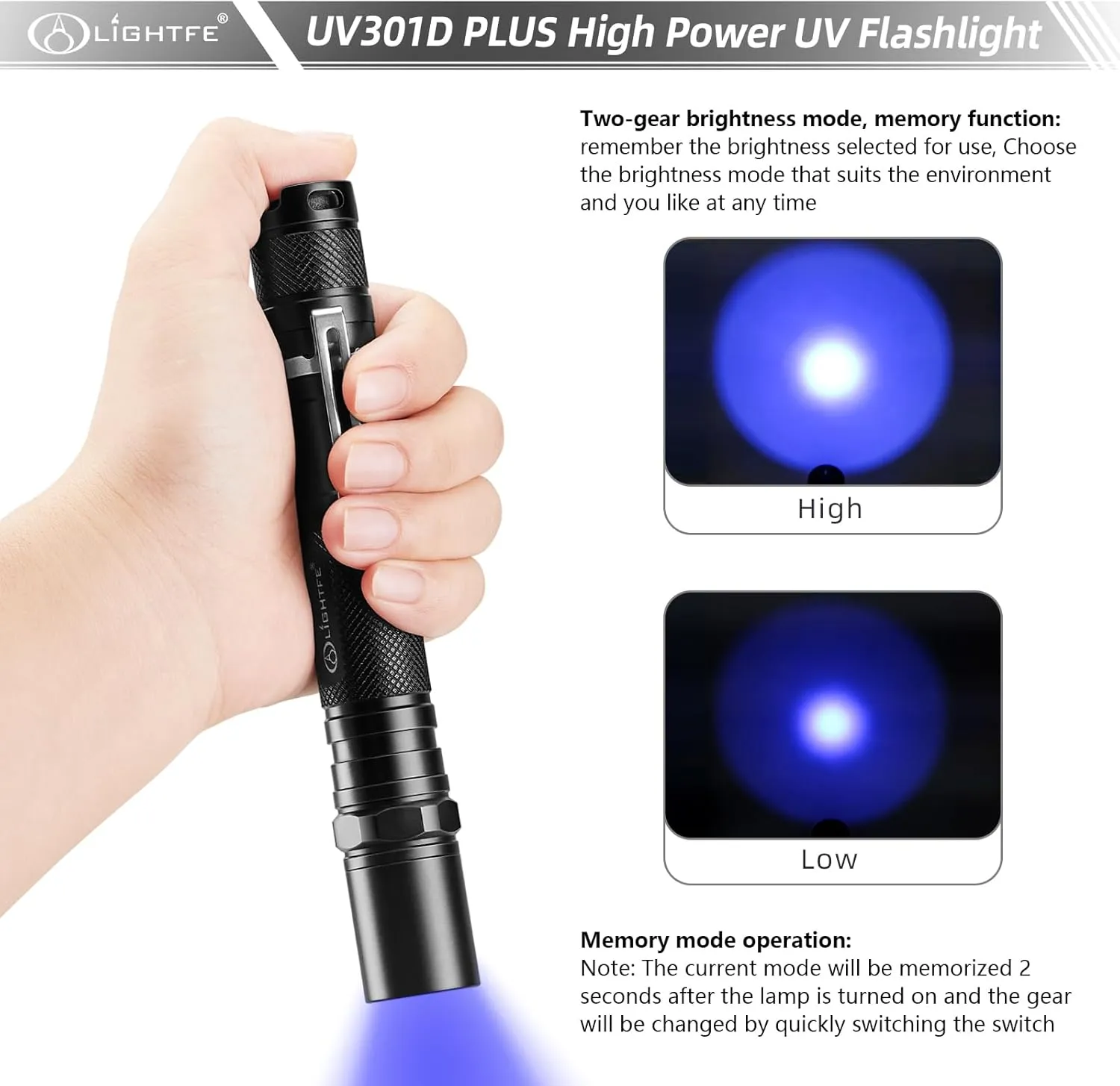 LIGHTFE Black Light 365nm UV Flashlight UV301D-Plus Vision with SSC UV LED, Max. 3000mW Power Output, Black Filter Lens, 2 AA Batteries, Rock and Mineral Detector