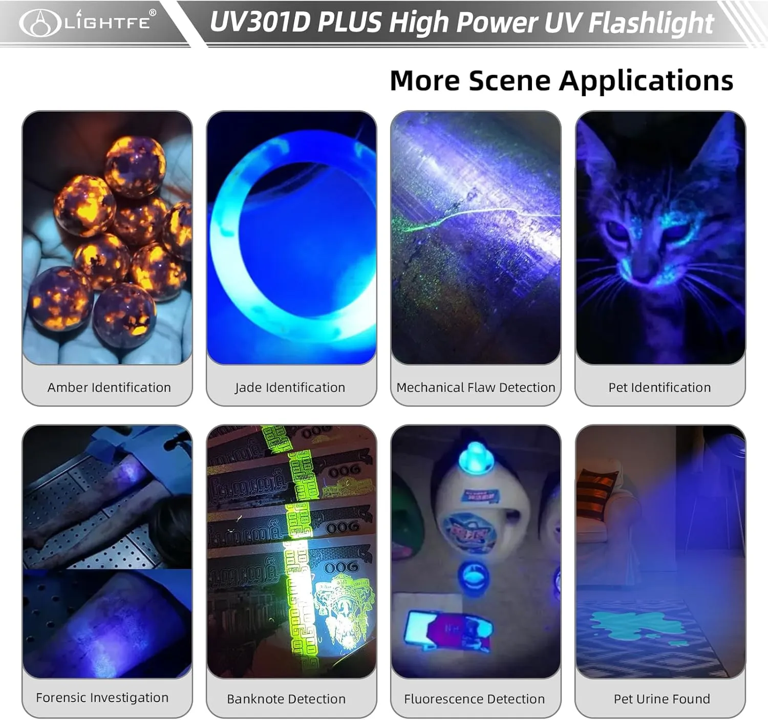 LIGHTFE Black Light 365nm UV Flashlight UV301D-Plus Vision with SSC UV LED, Max. 3000mW Power Output, Black Filter Lens, 2 AA Batteries, Rock and Mineral Detector