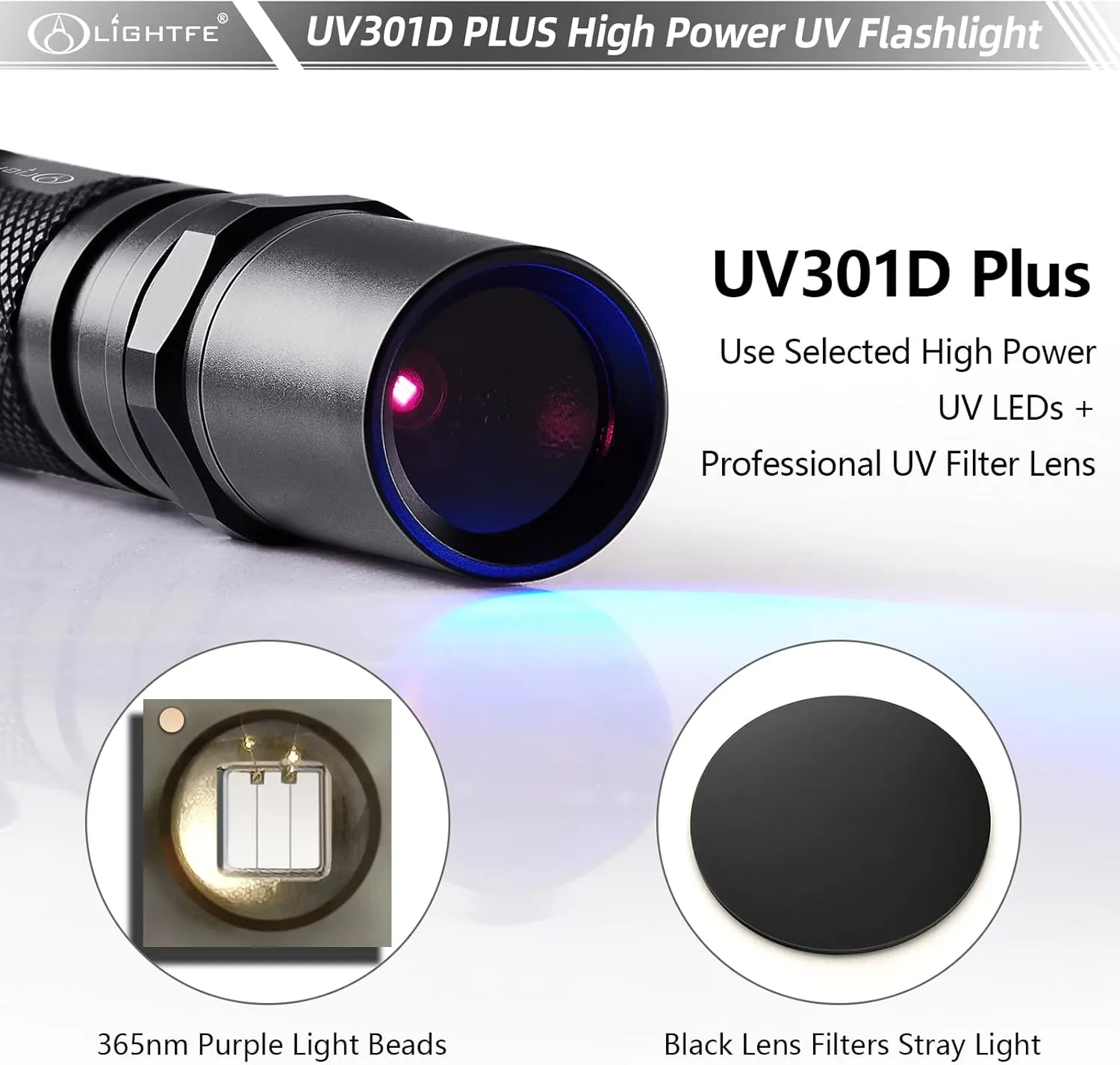 LIGHTFE Black Light 365nm UV Flashlight UV301D-Plus Vision with SSC UV LED, Max. 3000mW Power Output, Black Filter Lens, 2 AA Batteries, Rock and Mineral Detector