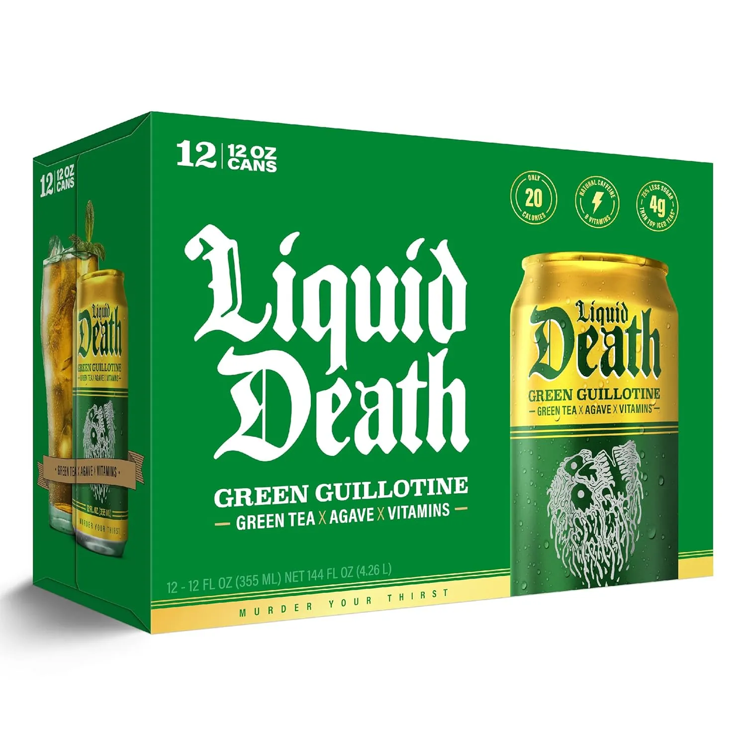 Liquid Death, Green Guillotine Iced Tea, 12-Pack (12 oz Cans), Green Tea, Low Calorie, No Artificial Sweeteners, B12 & B6 Vitamins