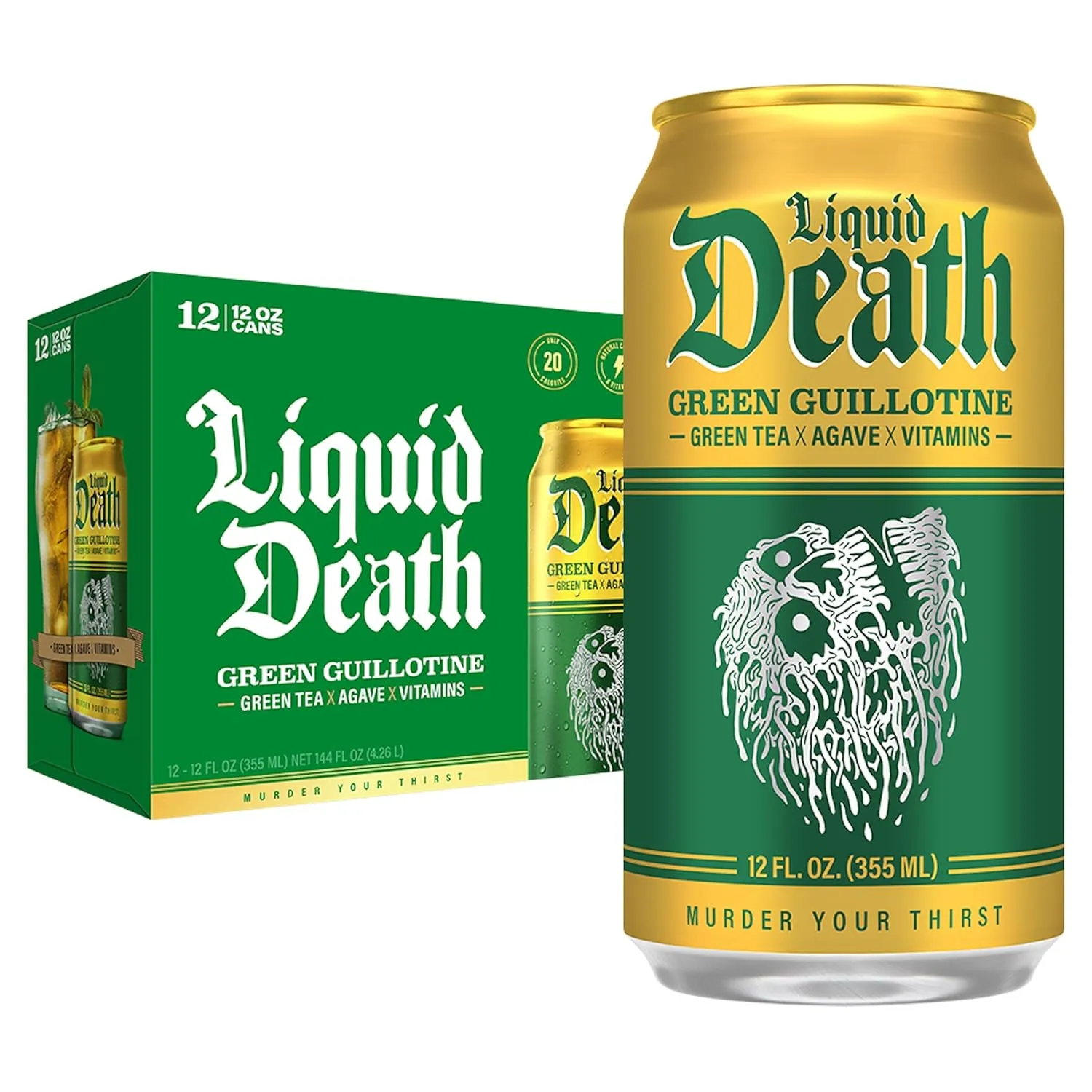 Liquid Death, Green Guillotine Iced Tea, 12-Pack (12 oz Cans), Green Tea, Low Calorie, No Artificial Sweeteners, B12 & B6 Vitamins