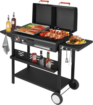 Llamaviva Charcoal and Gas Grill Combo with Black Dual Lids,Dual Fuel Propane Gas Grill With 2 Side Shelves for Outdoor Kitchen & Backyard Barbecue Cooking