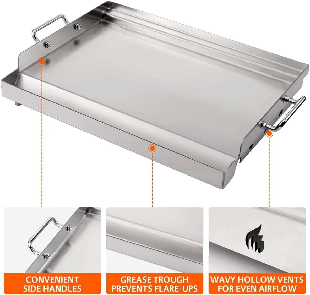 LotFun 17" x 13" Stainless Steel Cooking Griddle for Outdoor Gas Grill, Universal Griddle Flat Top Plate Insert with Grease Groove and Removable Handles for Electric/Charcoal/Gas Grill, Camping,Party