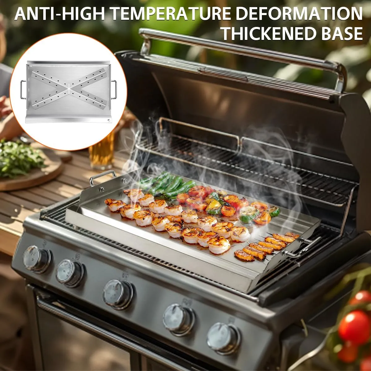 LotFun 17" x 13" Stainless Steel Cooking Griddle for Outdoor Gas Grill, Universal Griddle Flat Top Plate Insert with Grease Groove and Removable Handles for Electric/Charcoal/Gas Grill, Camping,Party