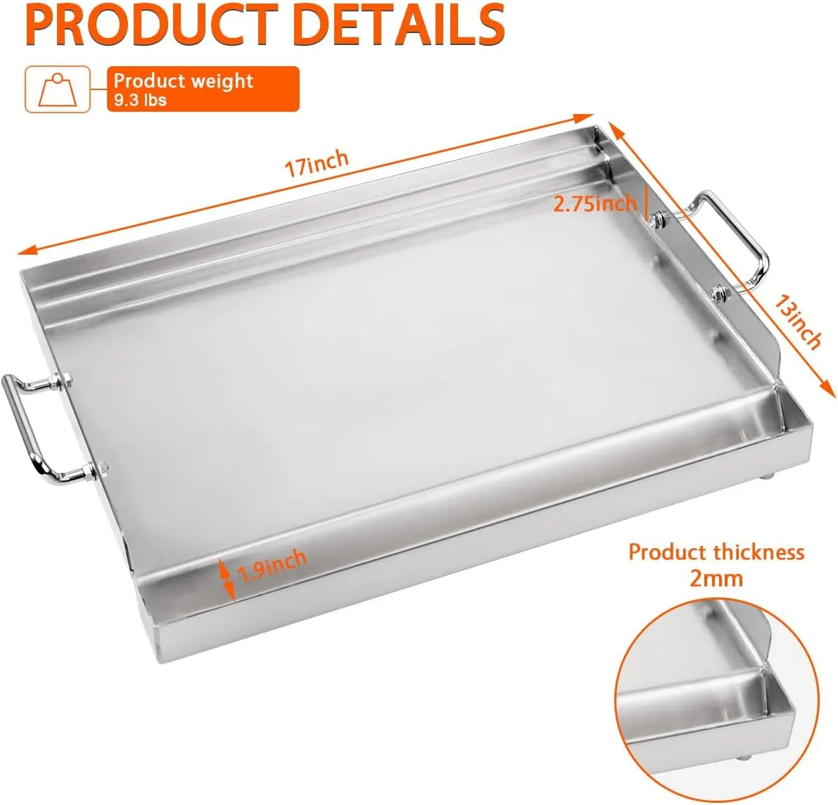 LotFun 17" x 13" Stainless Steel Cooking Griddle for Outdoor Gas Grill, Universal Griddle Flat Top Plate Insert with Grease Groove and Removable Handles for Electric/Charcoal/Gas Grill, Camping,Party