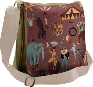 Lunarable Vintage Messenger Bag, Circus Tent Tiger Dogs Art, Unisex Cross-body