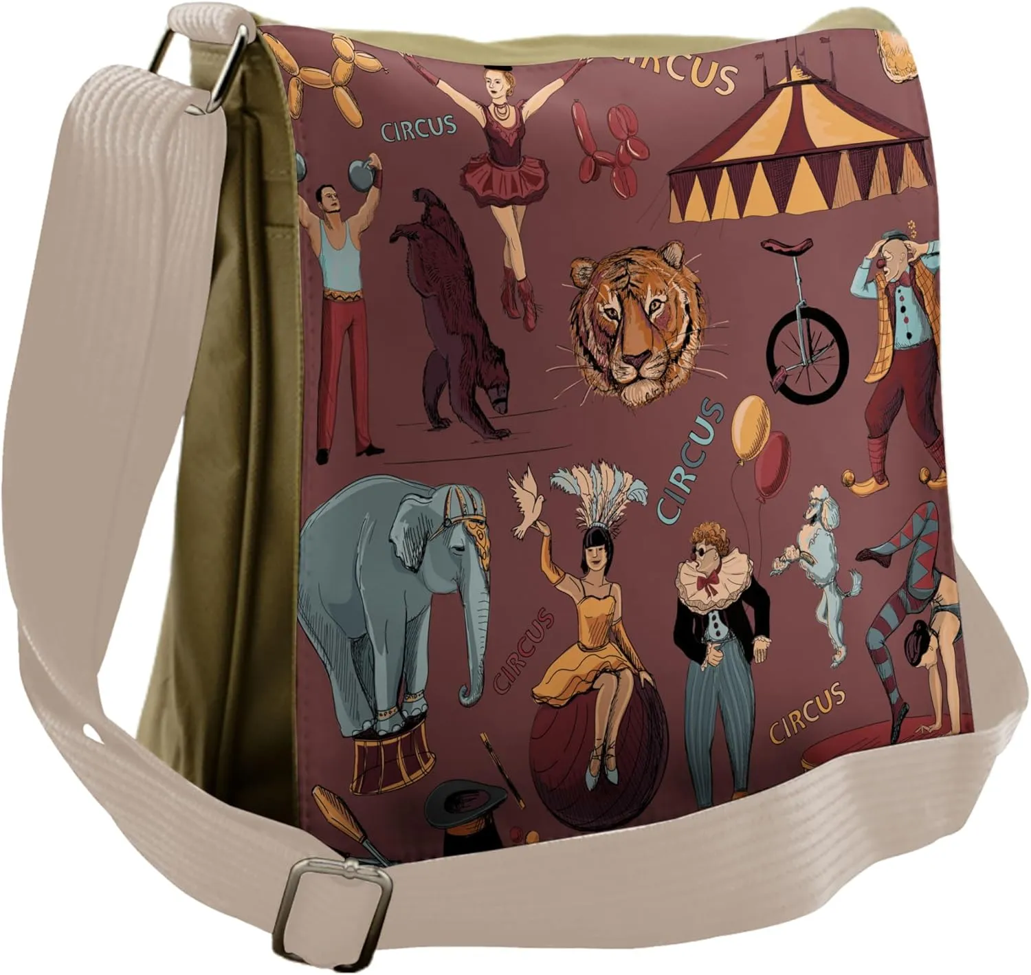 Lunarable Vintage Messenger Bag, Circus Tent Tiger Dogs Art, Unisex Cross-body