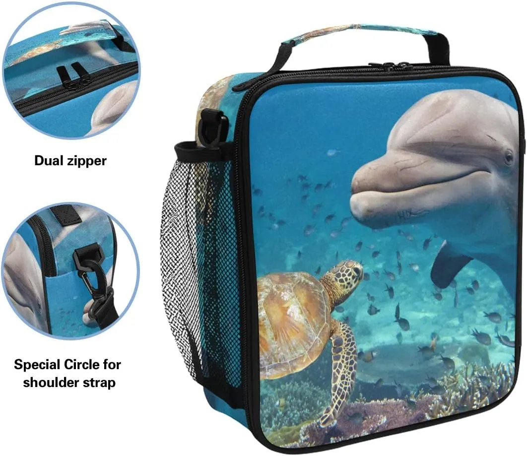 Lunch Box Bag Ocean Sea Animal Turtle Dolphin Lunchbox Insulated Thermal Cooler Ice Adjustable Shoulder Strap for Women Men Boys Girls