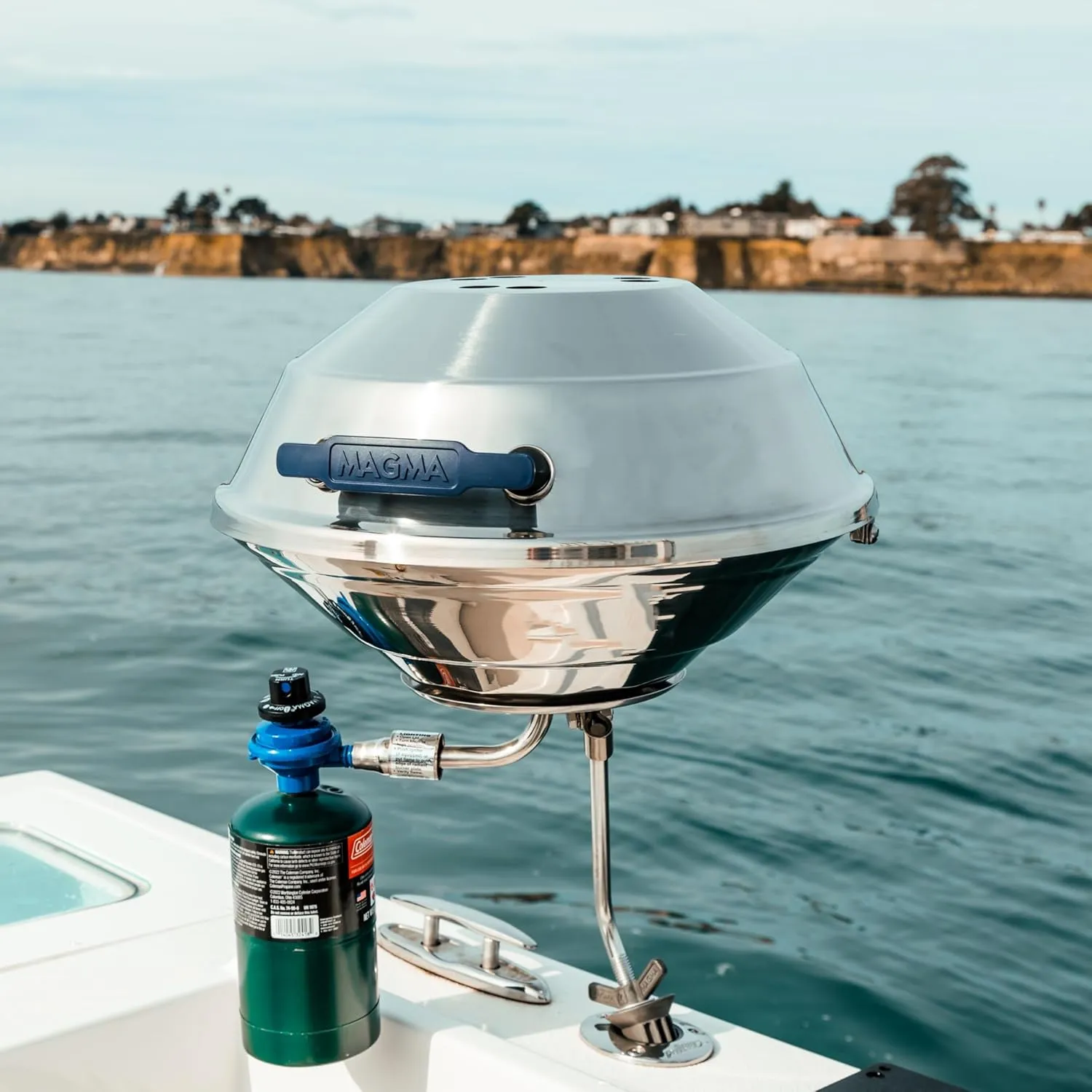 Magma A10-215 Marine Kettle Portable Gas Grill - Stainless Steel BBQ for Boats - Wind-Resistant Design, Safe Propane Connection, Stay Cool Handle - 17" Diameter