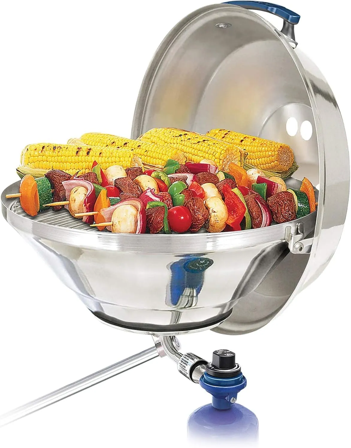 Magma A10-215 Marine Kettle Portable Gas Grill - Stainless Steel BBQ for Boats - Wind-Resistant Design, Safe Propane Connection, Stay Cool Handle - 17" Diameter