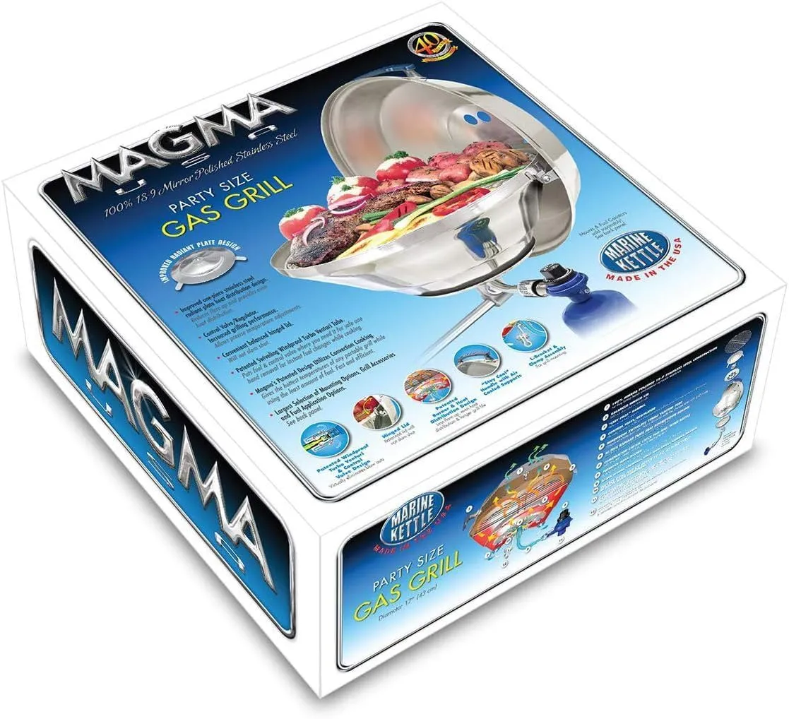 Magma A10-215 Marine Kettle Portable Gas Grill - Stainless Steel BBQ for Boats - Wind-Resistant Design, Safe Propane Connection, Stay Cool Handle - 17" Diameter