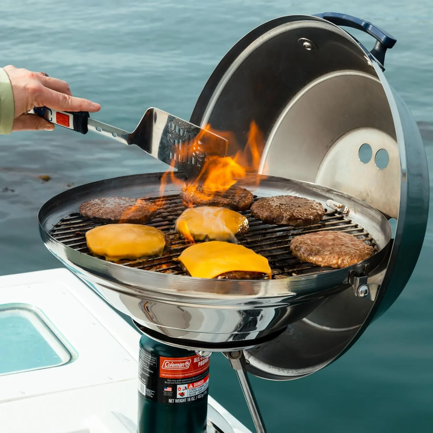 Magma A10-215 Marine Kettle Portable Gas Grill - Stainless Steel BBQ for Boats - Wind-Resistant Design, Safe Propane Connection, Stay Cool Handle - 17" Diameter