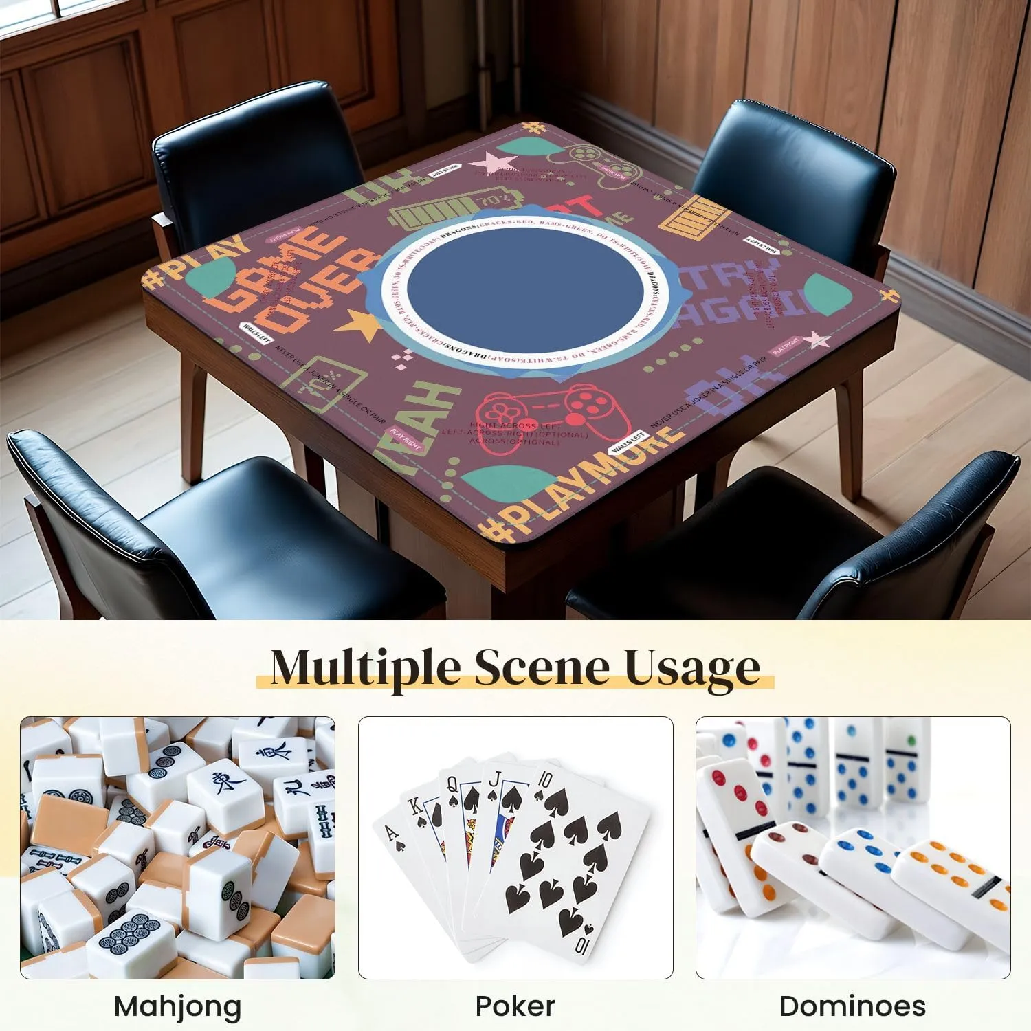 Mahjong Mat for Table seamless abstract pixel game style words for boys Textiles print t 31.5" x 31.5" Non-Slip Noise-Reducing Game Mat Premium Mahjong Accessories for Poker Dominoes Board Games