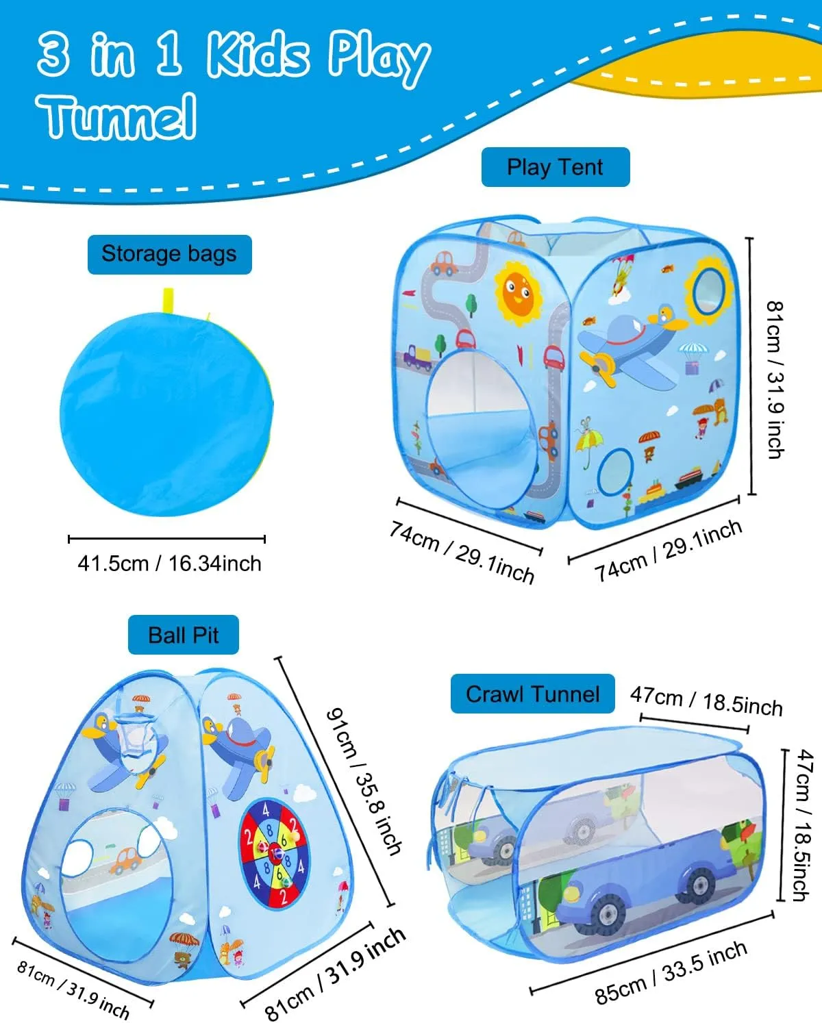 MAIKEHIGH Kids Play Tent with Tunnel and Ball Pit, 3 in 1 Pop Up Toddler Tents Indoor Outdoor Playhouse, Birthday Holiday Toy Gift for Children Baby Girls Boys, 8 Dart Balls Included