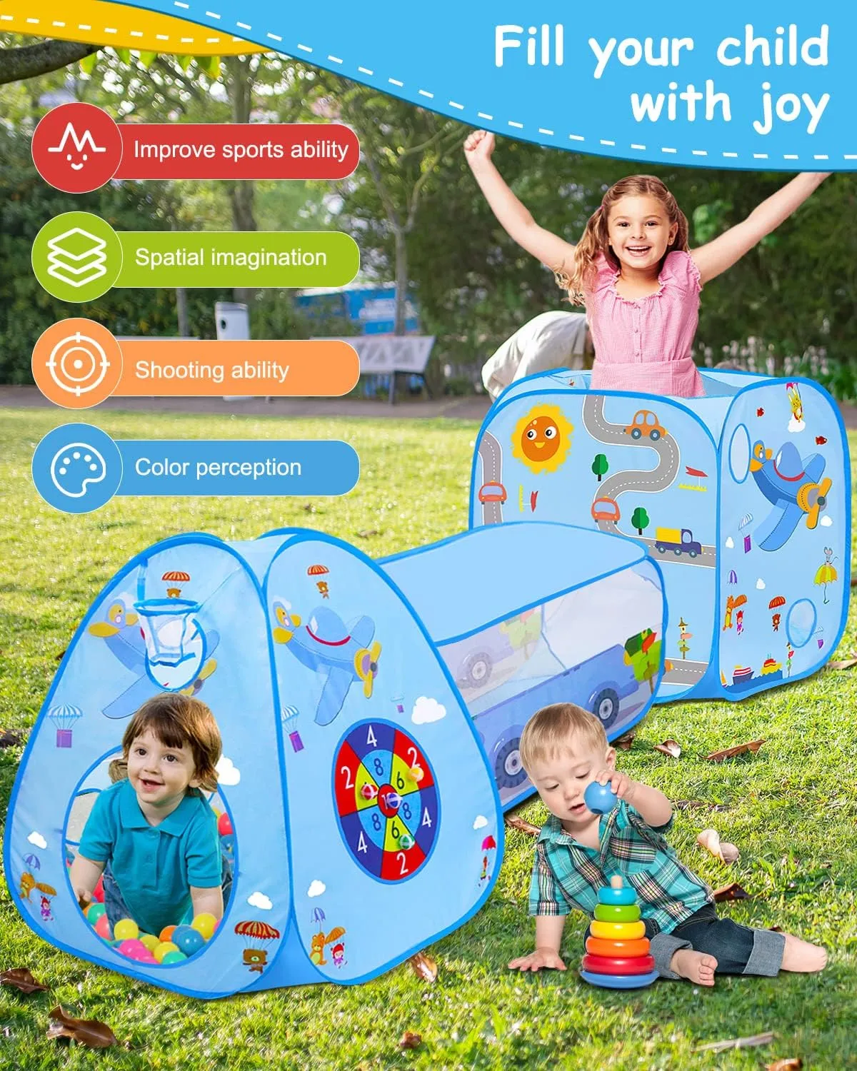 MAIKEHIGH Kids Play Tent with Tunnel and Ball Pit, 3 in 1 Pop Up Toddler Tents Indoor Outdoor Playhouse, Birthday Holiday Toy Gift for Children Baby Girls Boys, 8 Dart Balls Included