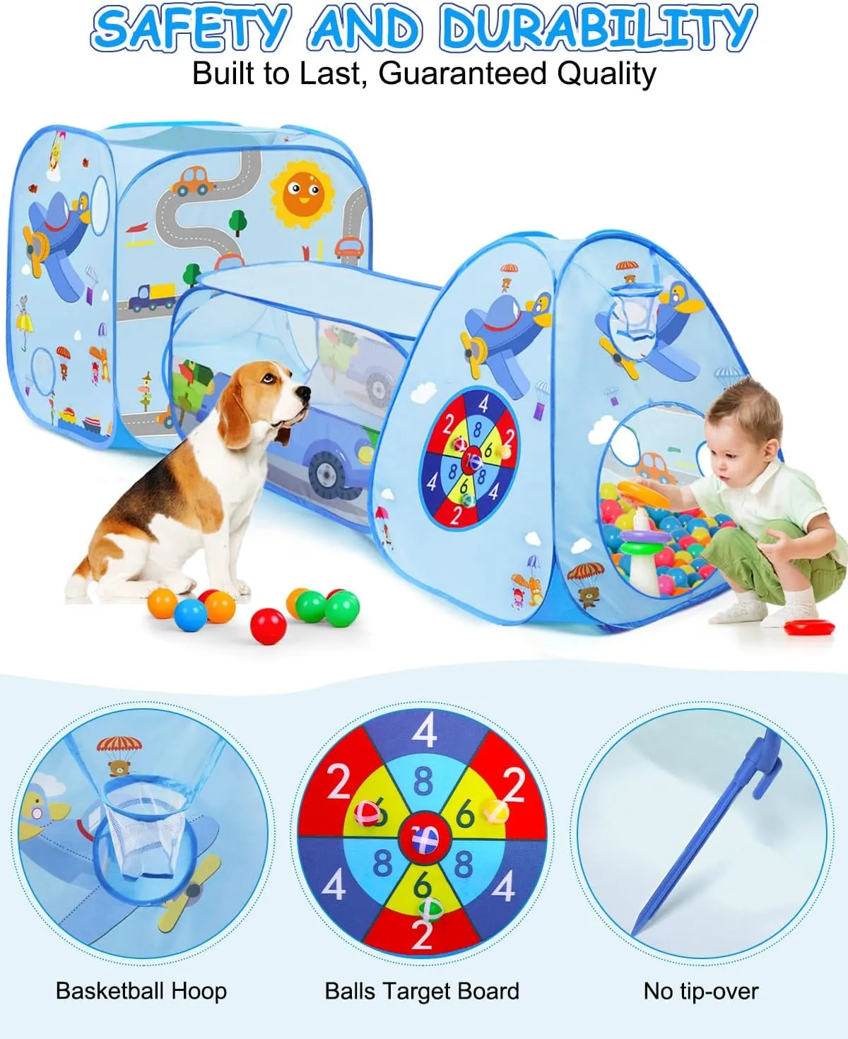 MAIKEHIGH Kids Play Tent with Tunnel and Ball Pit, 3 in 1 Pop Up Toddler Tents Indoor Outdoor Playhouse, Birthday Holiday Toy Gift for Children Baby Girls Boys, 8 Dart Balls Included