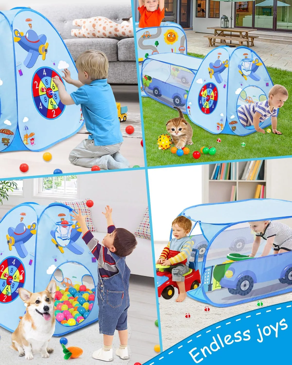 MAIKEHIGH Kids Play Tent with Tunnel and Ball Pit, 3 in 1 Pop Up Toddler Tents Indoor Outdoor Playhouse, Birthday Holiday Toy Gift for Children Baby Girls Boys, 8 Dart Balls Included
