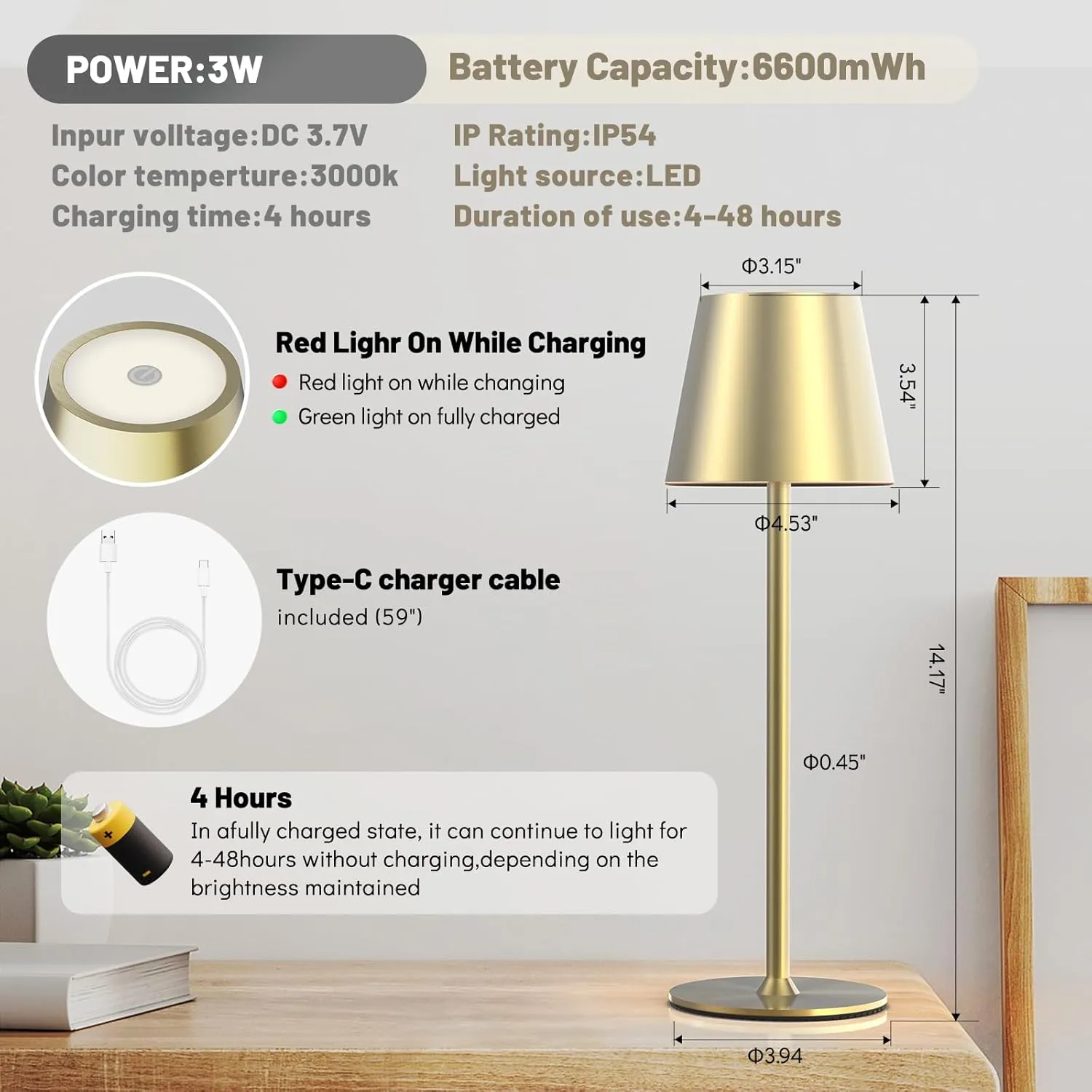 Maksone 2 Pack LED Cordless Table Lamp, 6600mWh Rechargeable Battery Desk Lamp, 3000K Stepless Dimming Night Light, IP54 Waterproof Metal Outdoor Portable Lamp for Camping, Restaurant (Gold)