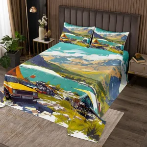 Manfei Lakeside Camping Bedspread Twin Size Bedding for Kids Teens Bedroom Nature Mount Lake Scene Tourism Decor Coverlet Set Watercolor Trailer Camp Tent Graffiti Quilt Set for All Season,2 Pcs