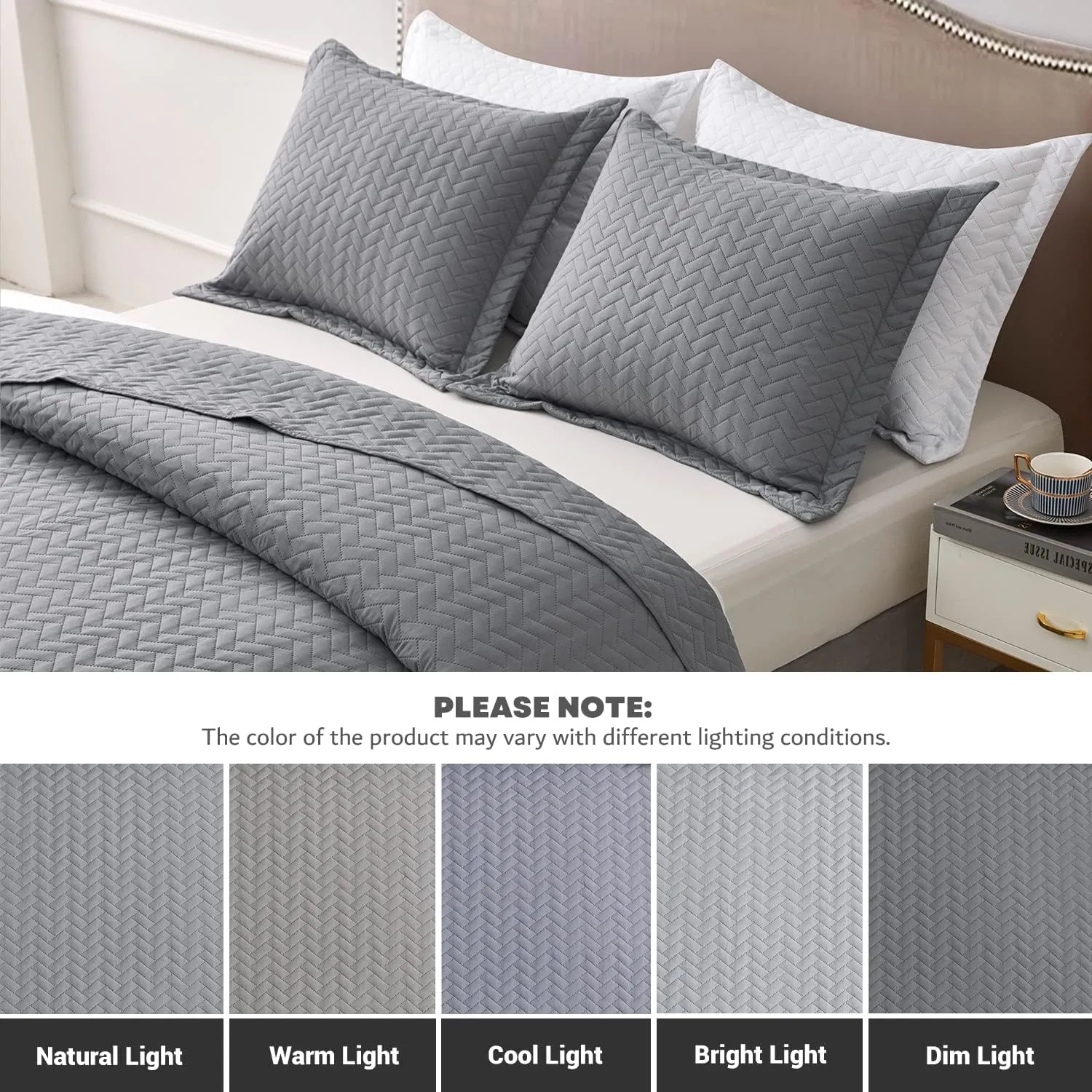 Maple&Stone Quilt Set Queen Size, Lightweight Grey Bedspread Ultrasonic Chevron Pattern Light Coverlet for All Season Comforter Bedding Decor - 3 Piece Full Bed Cover Sets