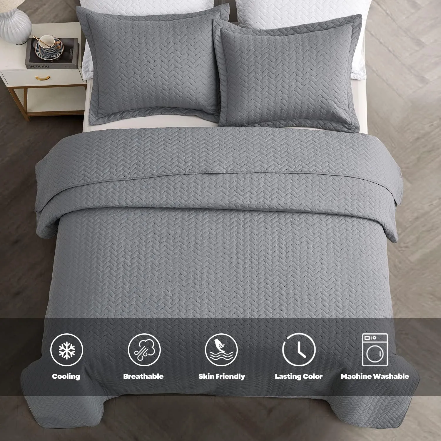 Maple&Stone Quilt Set Queen Size, Lightweight Grey Bedspread Ultrasonic Chevron Pattern Light Coverlet for All Season Comforter Bedding Decor - 3 Piece Full Bed Cover Sets