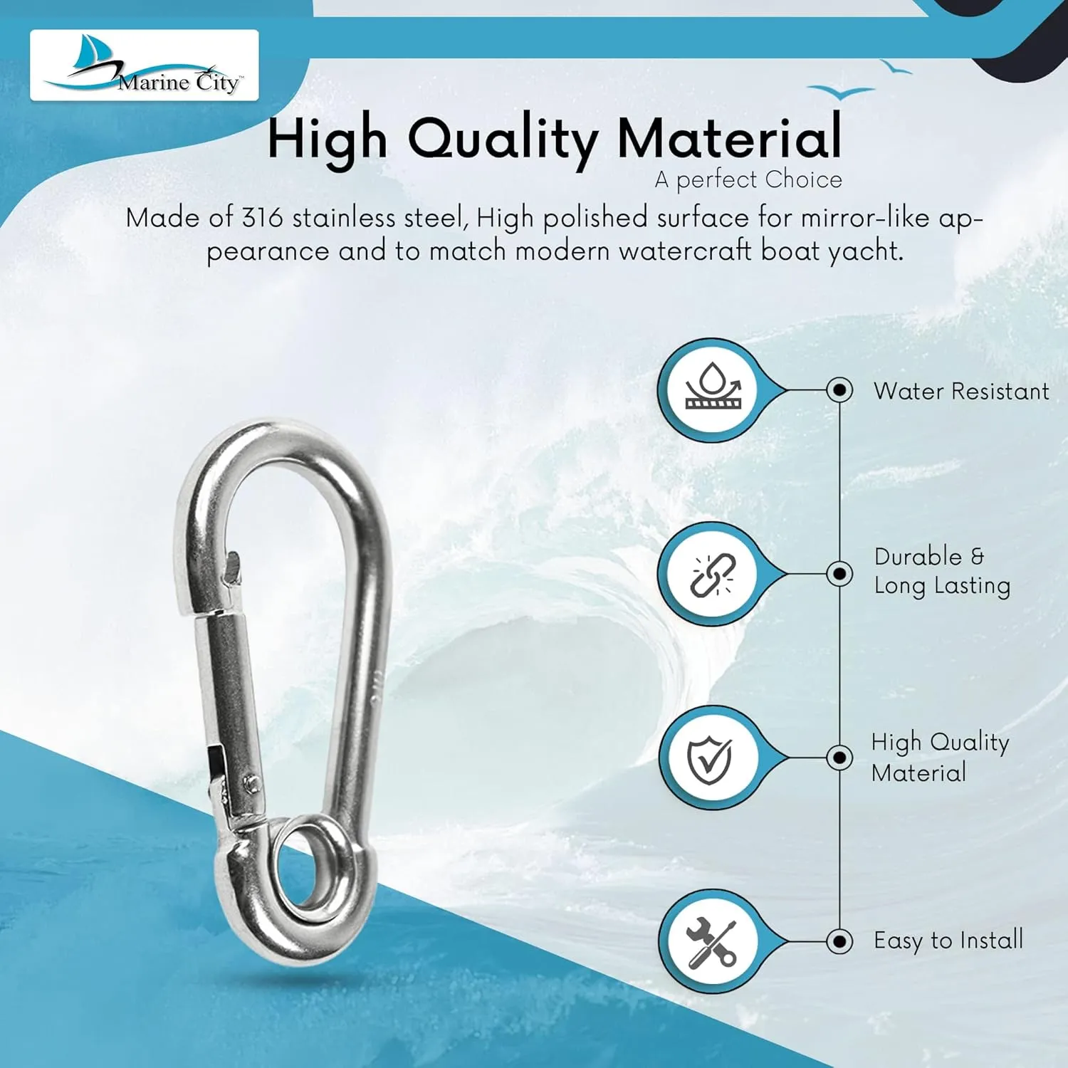 MARINE CITY Carabiner Clip Snap Hook with Ring - 316 Stainless Steel 3-1/2 Inches Ideal for Climbing, Fishing, Hiking, Boating, Sailing, Camping