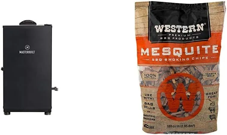 Masterbuilt MB20071117 Digital Electric Smoker, 30", Black & Western Premium BBQ Smoking Chips, Mesquite BBQ