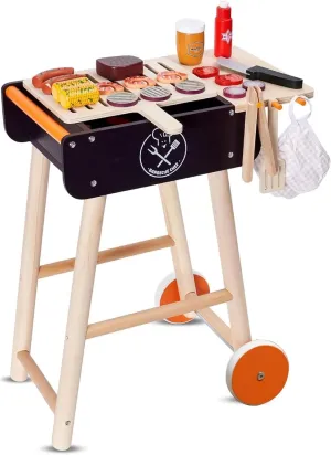 MerryPony Wooden Play Barbecue Toy Grill, Kids BBQ Grill Playset with Play Food and Grilling Tools, Kids Cooking Sets, Outdoor Play Kitchen Set, Pretend Play Kitchen Accessories Toddlers Age 3 