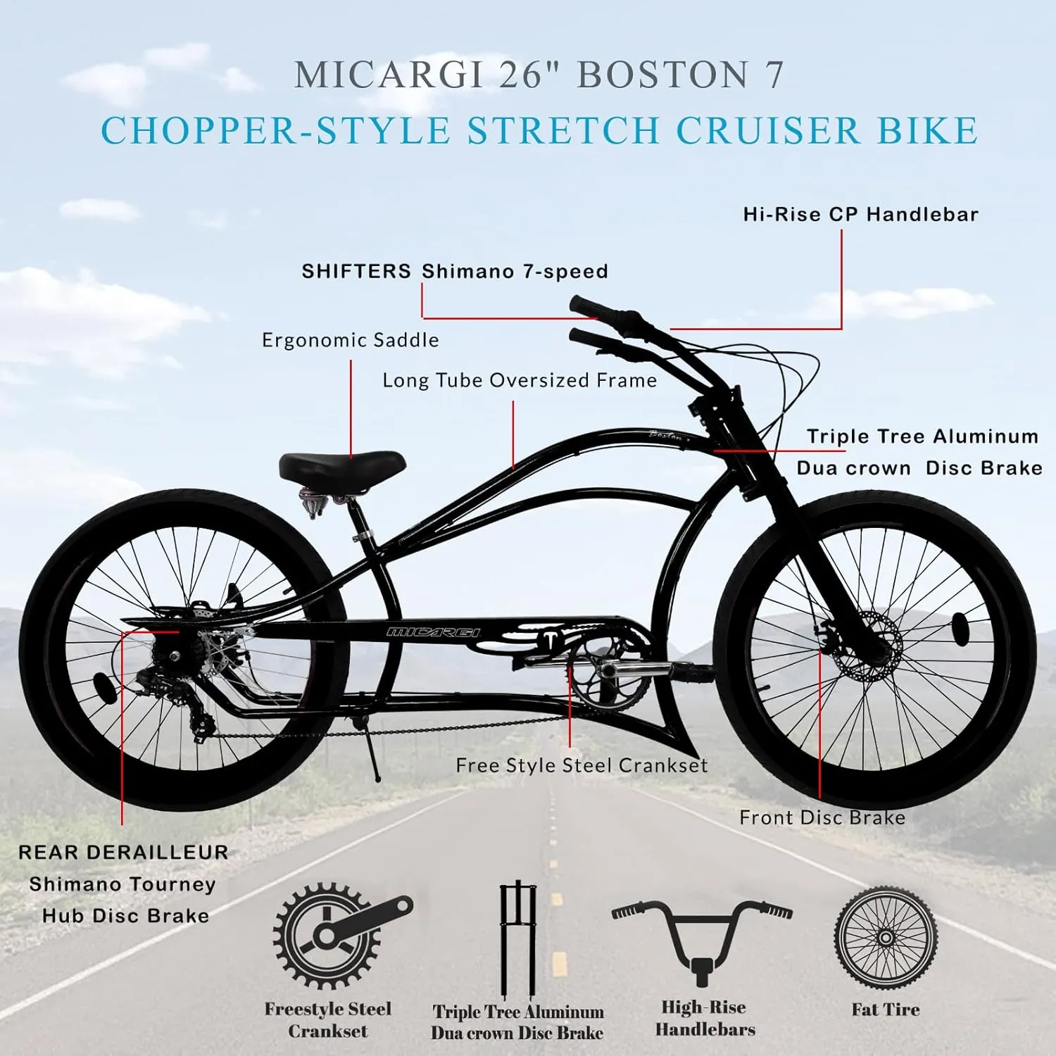 MICARGI 26" 7/GT7/3I DS Speed Bicycles Boston Chopper-Style Stretch Cruiser Bikes, Hi-Ten Steel Frame for Adult Women Men,Multiple Colors