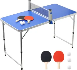 Mini Table Tennis Game Set Foldable for Kids Family Senior 2ft x 4ft, Height Adjustable Portable Ping Pong Gaming Kit for Indoor Outdoor Blue, 2 Paddles, 3 Balls