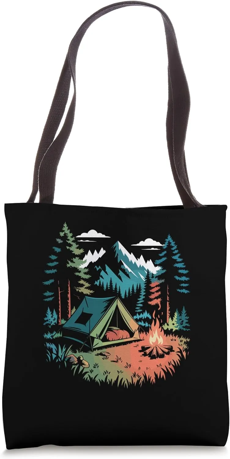 Minimalist Mountain Camping Tent Scene Tote Bag