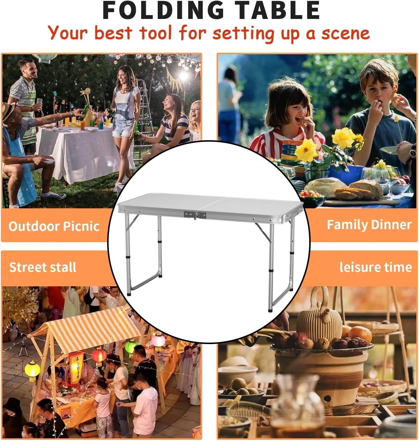 Modern White 4FT Folding Table, 3 Height Adjustable Options:70cm,62cm,55cm, with Carry Handle, Foldable for Indoor and Outdoor Use, 120x60x70/62/55cm