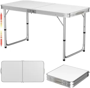 Modern White 4FT Folding Table, 3 Height Adjustable Options:70cm,62cm,55cm, with Carry Handle, Foldable for Indoor and Outdoor Use, 120x60x70/62/55cm