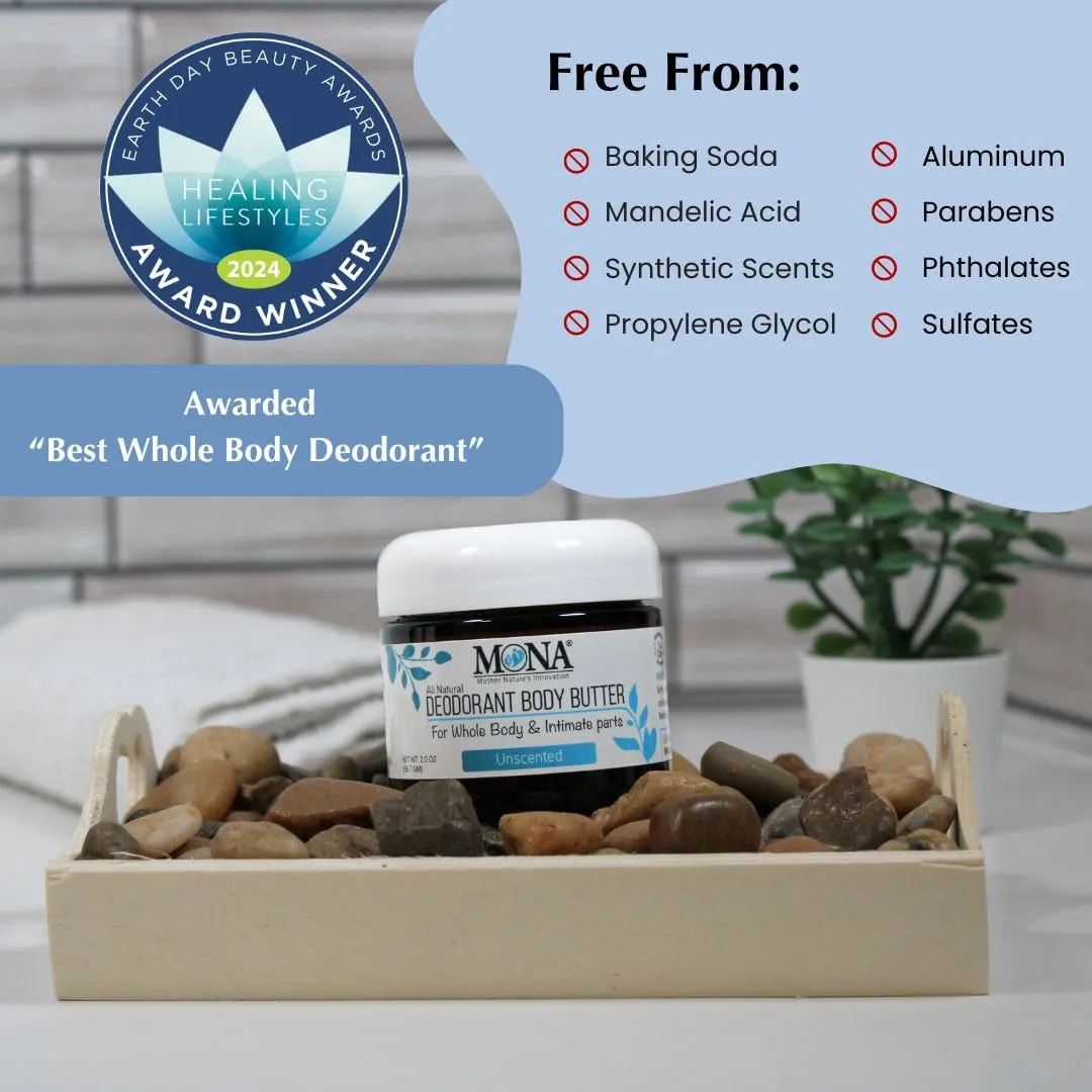 MONA UNSCENTED All Natural Deodorant for Whole Body & Intimate Parts | Hypoallergenic & Safe for Women & Men with Sensitive skin | No Aluminum, Baking Soda or Synthetic Fragrance | Unscented, 2.0 Oz